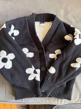 Old Navy Black Cardigan Sweater with White Floral Pattern